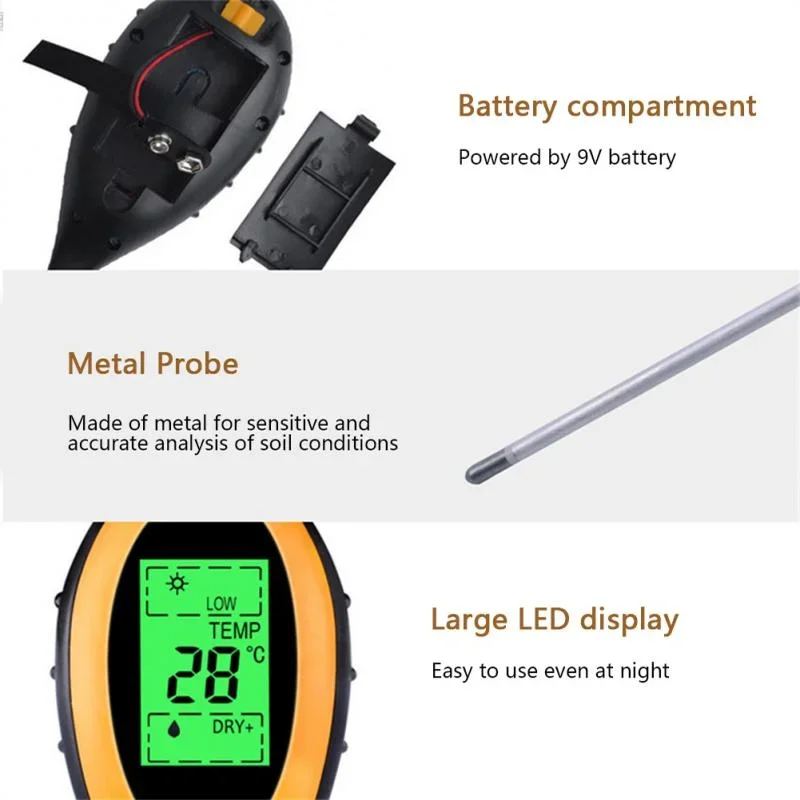 Digital 4 In 1 Soil PH Meter Moisture Monitor Temperature Sunlight Tester for Gardening Plants Farming with Blacklight