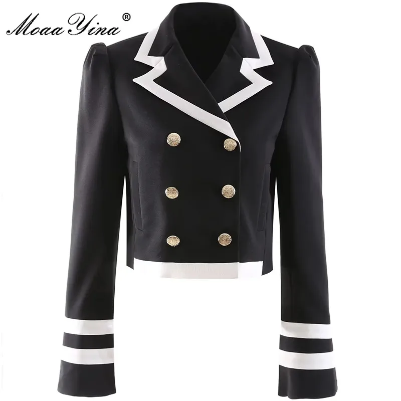 

MoaaYina Fashion Runway Autumn Winter Jackets Coat Women Turn-down Collar Long Sleeve Double buckle Lady Black Office Outerwear