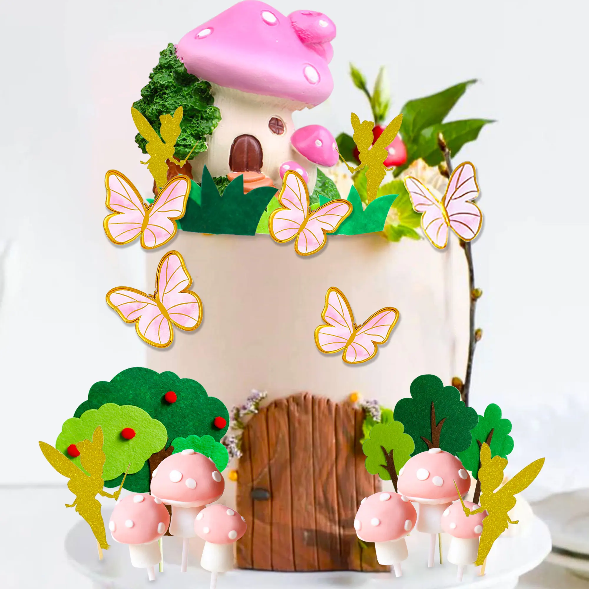 LaVenty Pink Mushroom House Cake Decoration Red Mushroom Cake Decoration Fairy Cake Decoration Garden Fairy Cake Decoration