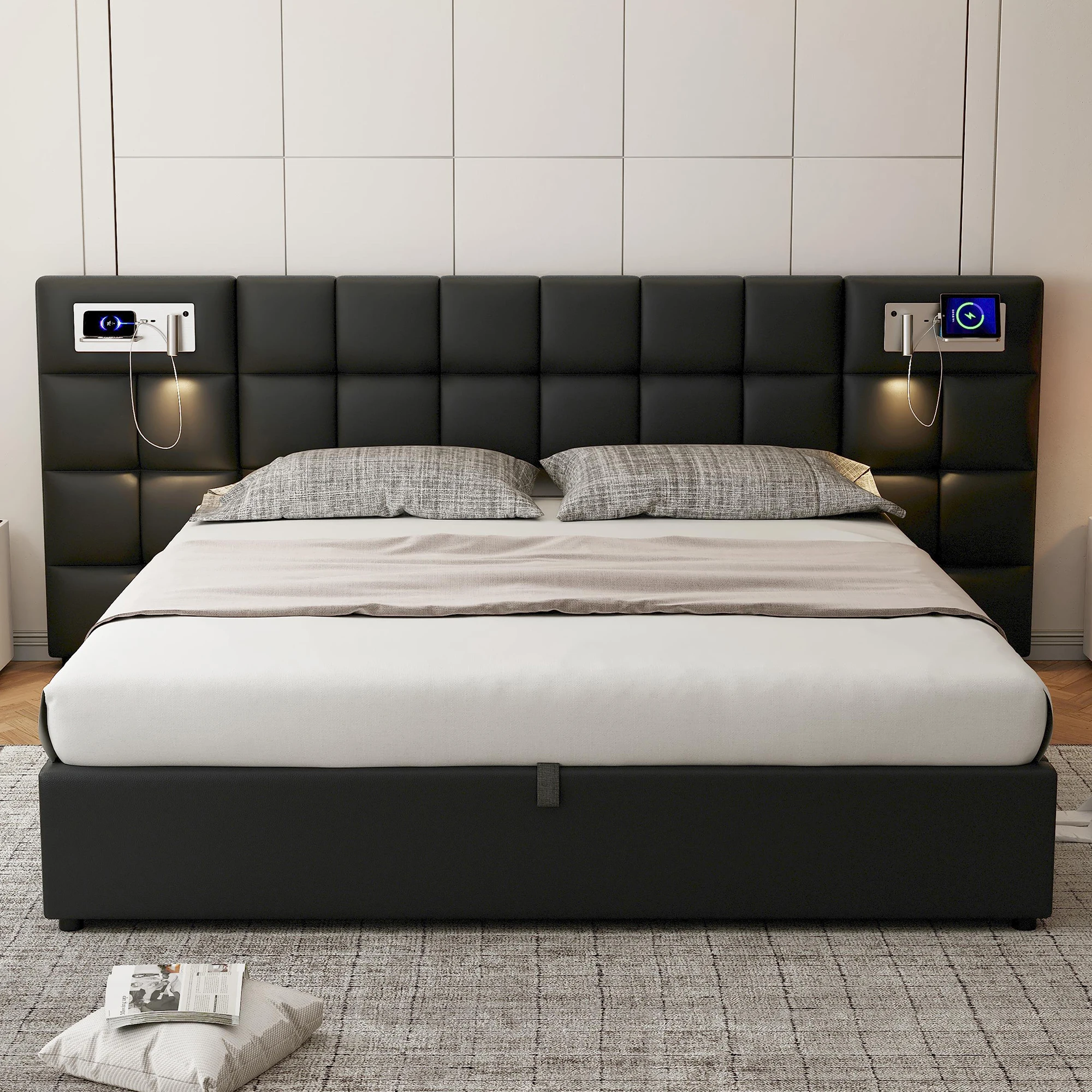 Lit hydraulique KOMHTOM PU 180x200cm avec chargeur sans fil USB, lampe éclairante et rangement