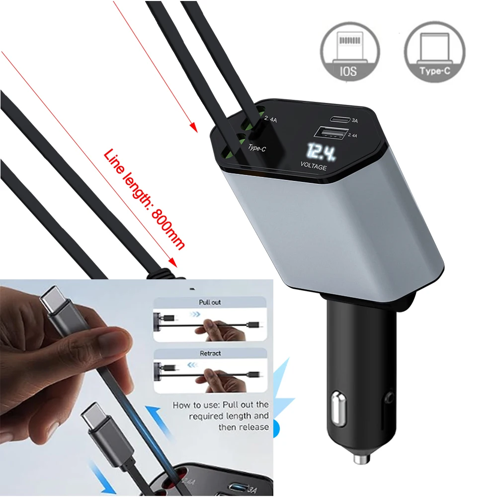 

Charger Retractable 4 in 1 Fast Charger 120W Double USB Type C Retractable Cables for iPhone 16/15/14/13/12 Samsung Pixel iPad