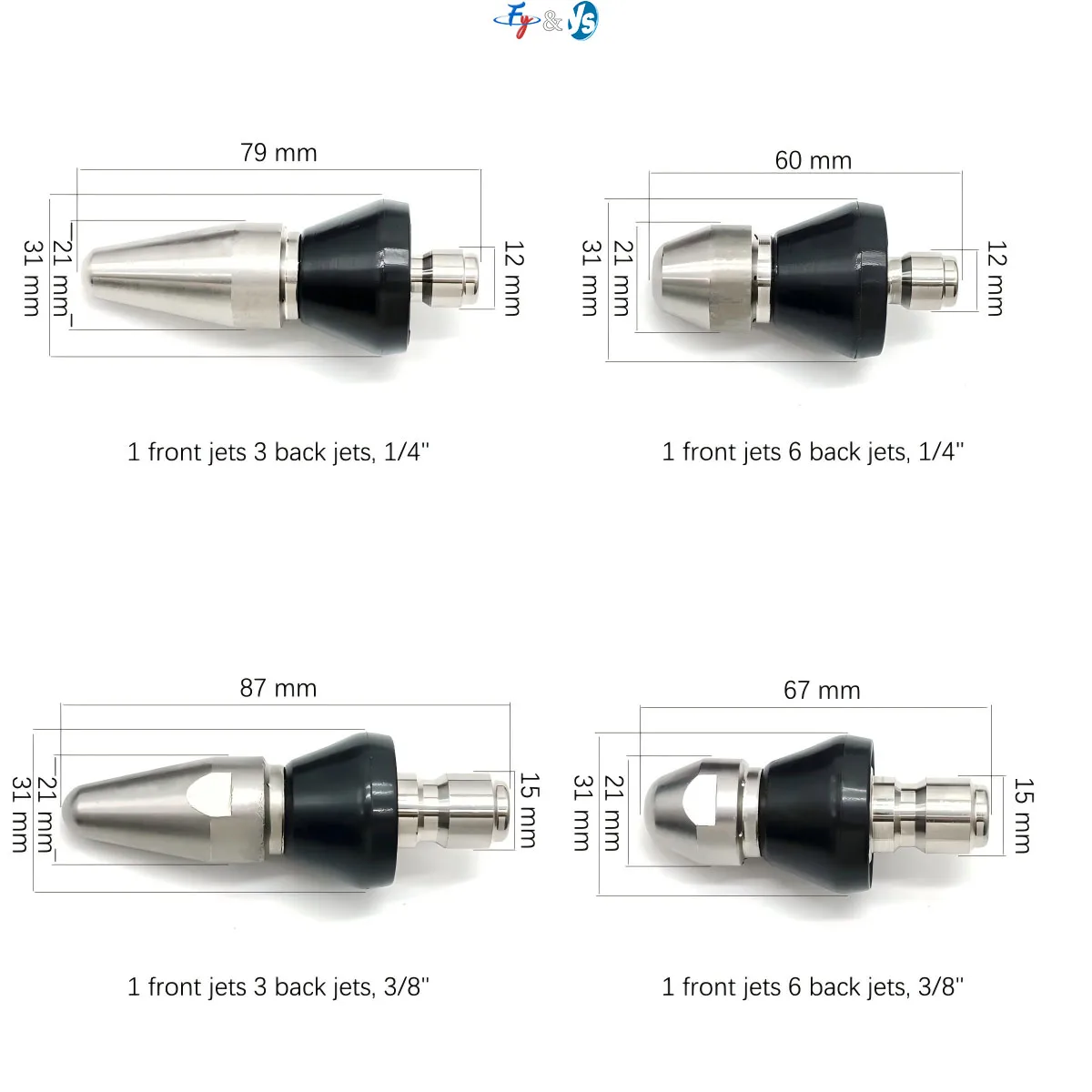 1/4'' Stainless Steel Sewer Drain Cleaning Nozzle High Pressure Pipe Dredge Unclog Nozzle for Pipeline Cleaning Tool