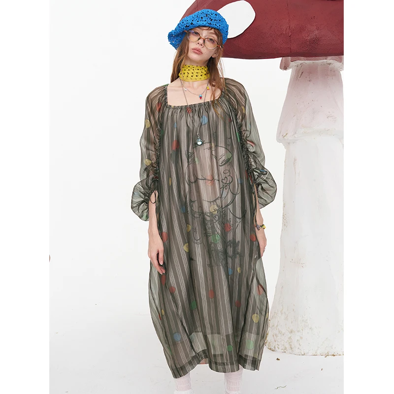 ELFSACK Cartoon Print Puff Sleeve Dress, Drawstring Ruched A-Line Dress, Lightweight Loose Casual Midi Dress for Women