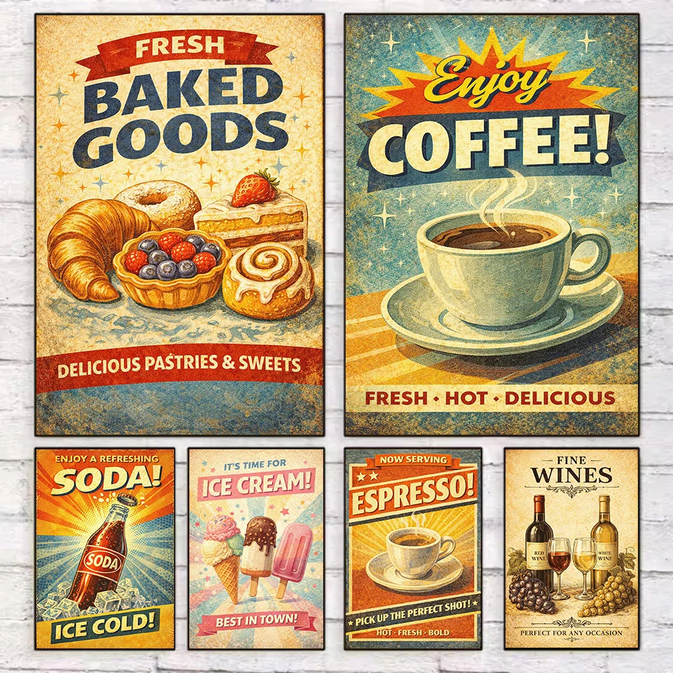 Vintage Old Food Advertisement Coffee Espresso Fresh Baked Ice Cream Poster Canvas Painting Wall Art Pictures Home Decor