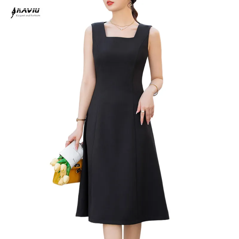 NAVIU French Style Black Office Straps Female Dresses Summer Slim Waist Elegant Evening Women Dresses Birthday Party Dress