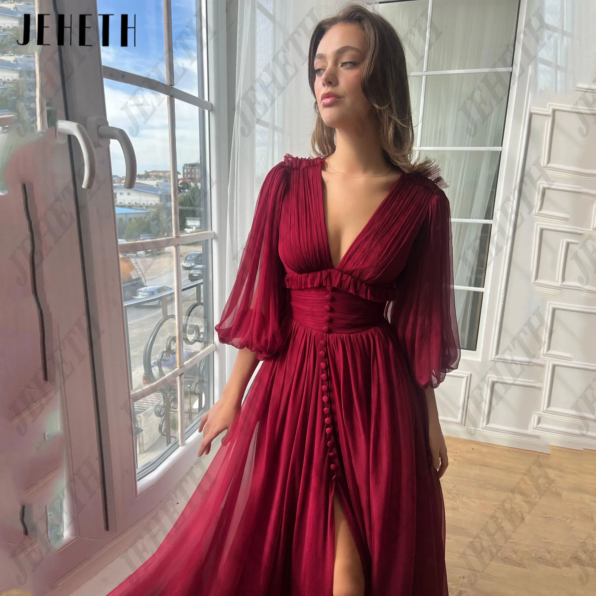 

JEHETH Chiffon Deep V-Neck Prom Gowns Puff Sleeves Front Split Evening Dresses Backless Floor Length Party Dress Customized