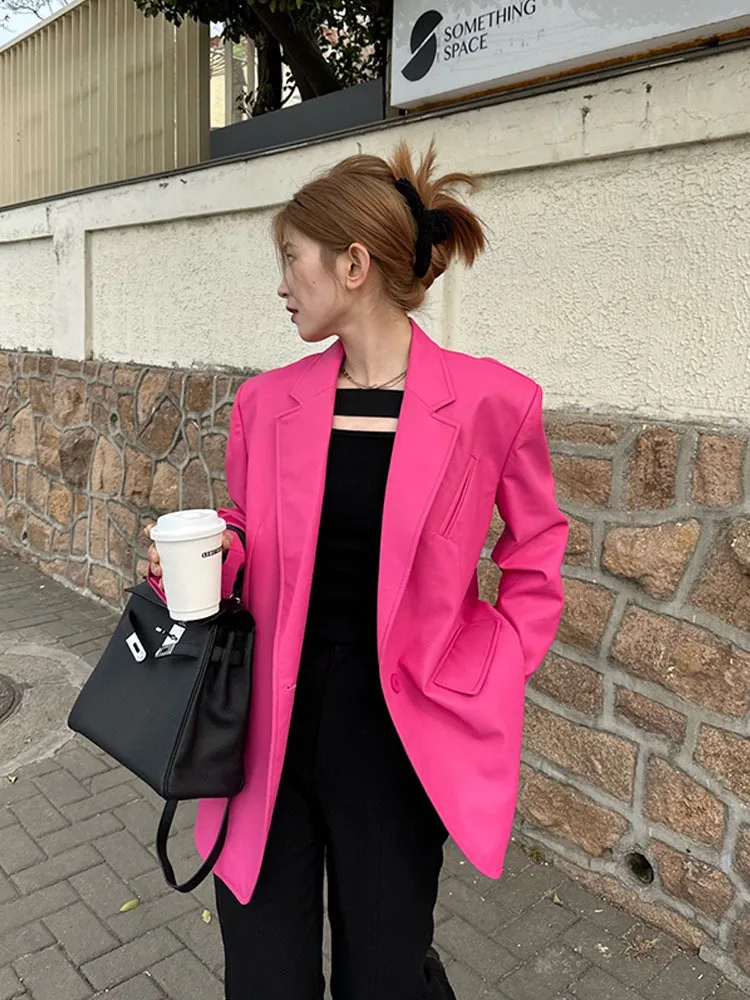 

Minimalist PU Leather Jacket For Women Lapel Long Sleeve Patchwork Single Button Slim Coat Female Fashion Clothing