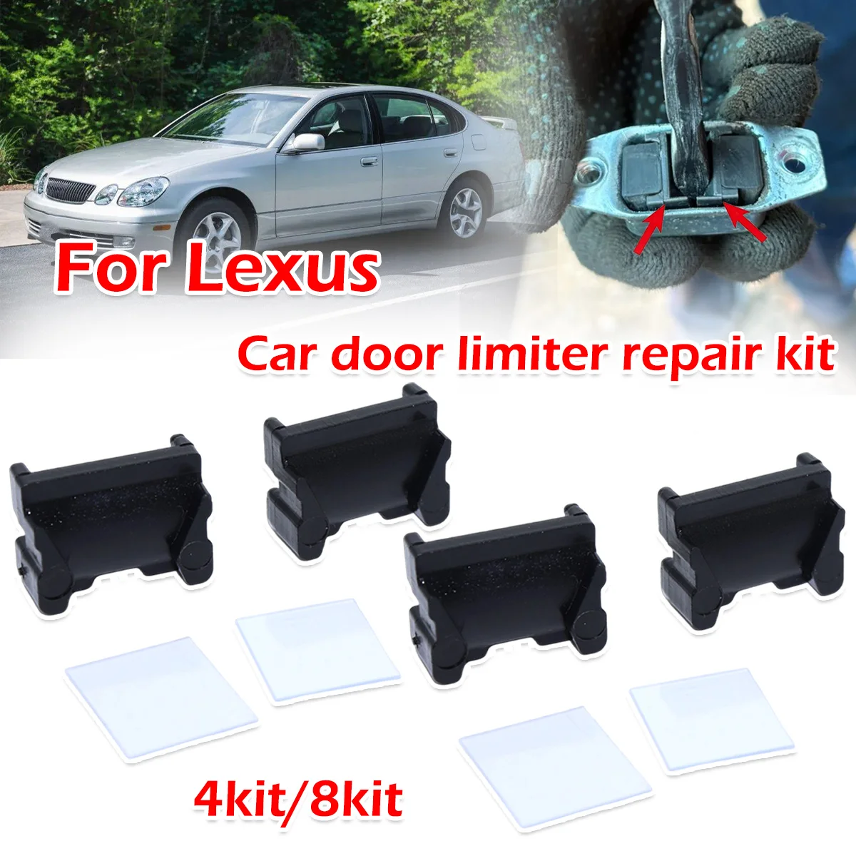 

4kit For Lexus ES250 ES300 GS300 IS200 IS300 LX450 New Door Check Strap Limiter Repair Kit Stopper Damping Spring Clips Black