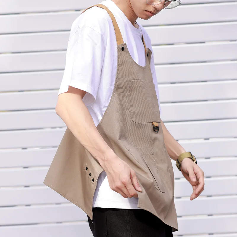 Fashionable No Tie Vest Apron With Snap Button Design at the Waist Anti Fouling Workwear Soft Canvas Waterproof Apron