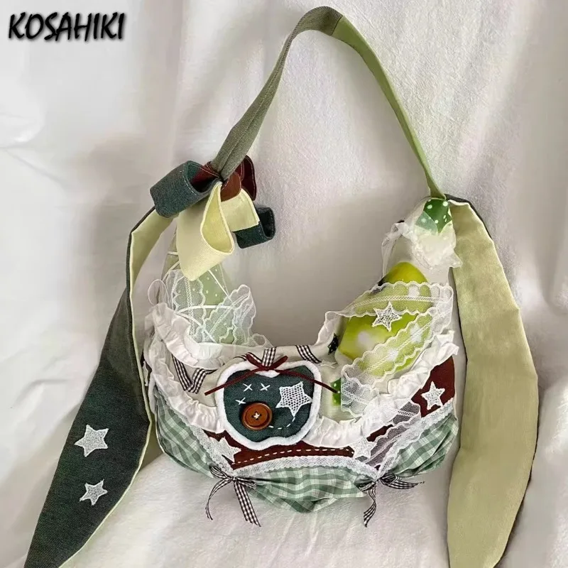 

Japanese Kawaii Rabbit Ear Canvas Bags Patchwork Lace Bow Women's Handbags Contrast Color Chic Y2k Plaid Shoulder Crossbody Bags