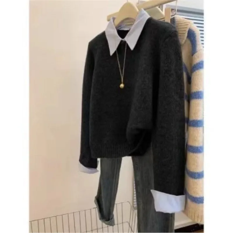 Fake Two Shirts Collar Sweater Women's Autumn Lazy Grey Knitted Pullover Ladies Winter Versatile Warm Sweaters Fashion Clothing 2
