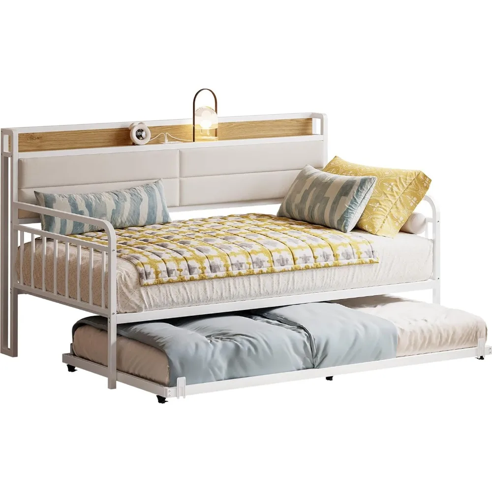 

Sturdy Metal Twin XL Size Bed Frame with Upholstered Headboard and Charging Station for Living Room, Bed Bases & Frames