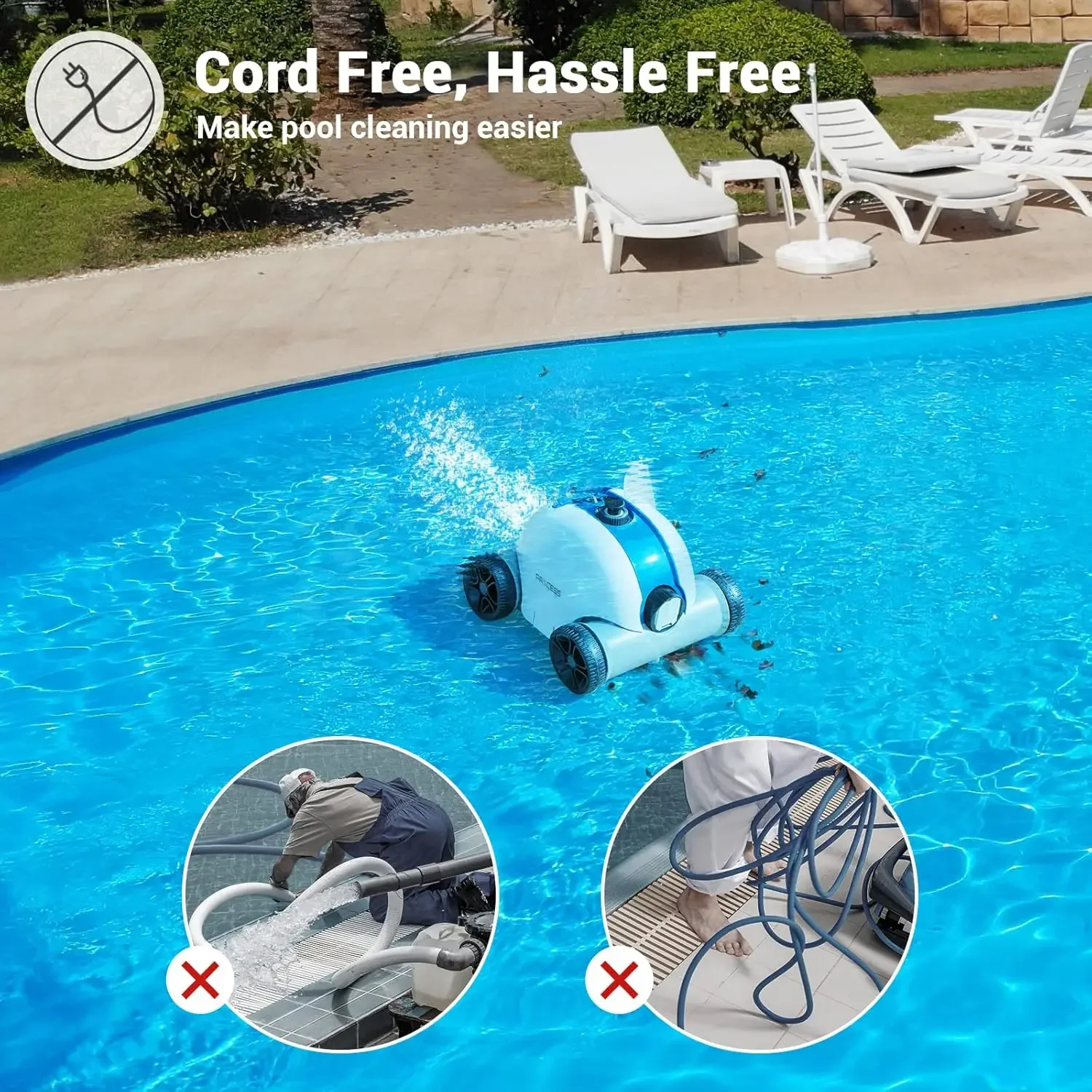 Robotic Pool Cleaner, Automatic Pool Vacuum with 60-90 Mins Working Time, Rechargeable Battery, IPX8 Waterproof for abo