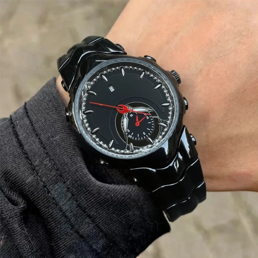 Fake Dial All Black Unique Quartz Watches Men Y2K Creative Different Shapes Matte Smooth Case Watch Man Steel Watch Male Clock
