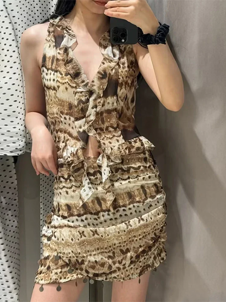 

Майка с оборками и принтом, комплекты юбок с кисточками, женский тонкий жилет без рукавов с v-образным вырезом, юбки с разрезом, костюмы, одежда для летних каникул 2025, наряды для летних каникул