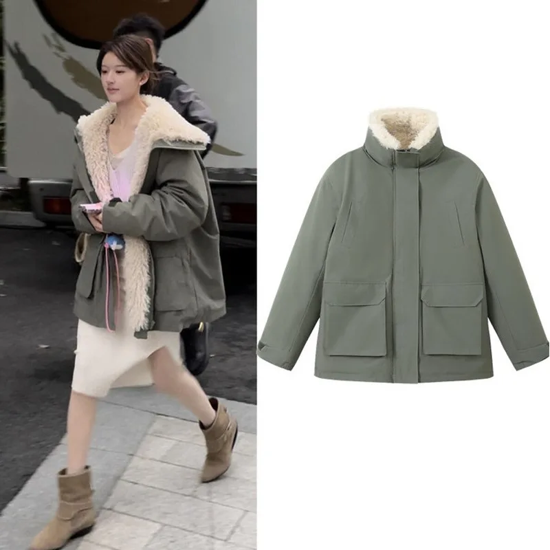 PinkyIsBlack Short Army Green Lamb Wool Jacket Women's Parkas Cotton Padded Jacket Coat Winter Female Clothes Tooling Outwear
