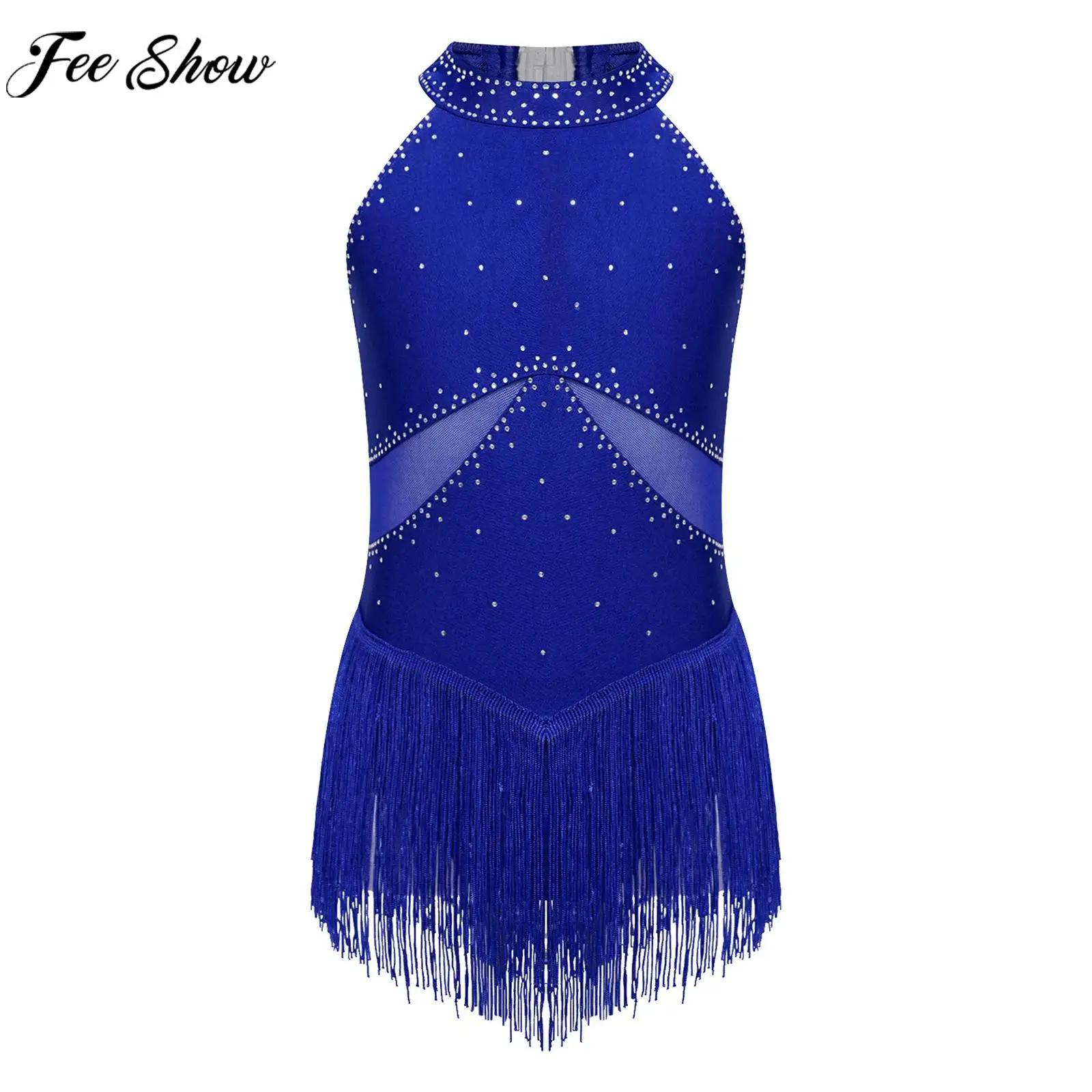 Kids Girls Latin Jazz Dance Dress Figure Skating Cha-Cha Samba Rumba Tango Leotard Sleeveless Rhinestone Mesh Tassel Bodysuit