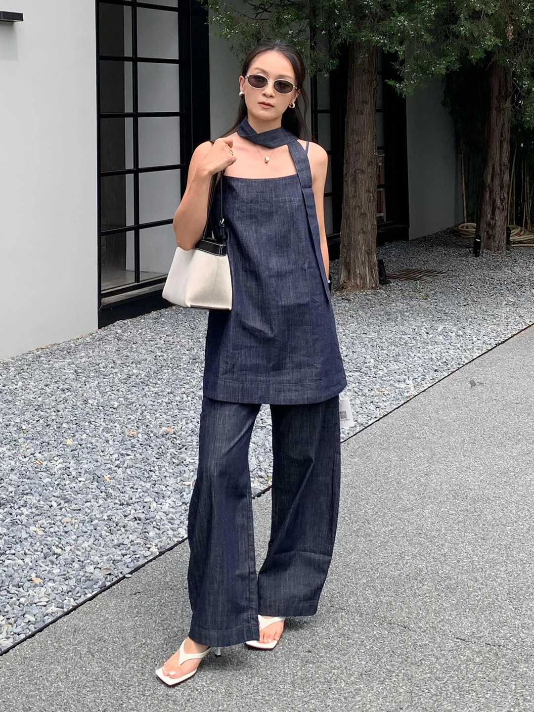 Retro Money Style Sleeveless Denim Set Women Summer Loose Slimming Top Long Pants Two Piece Set Casual Loose Fit Pure Color