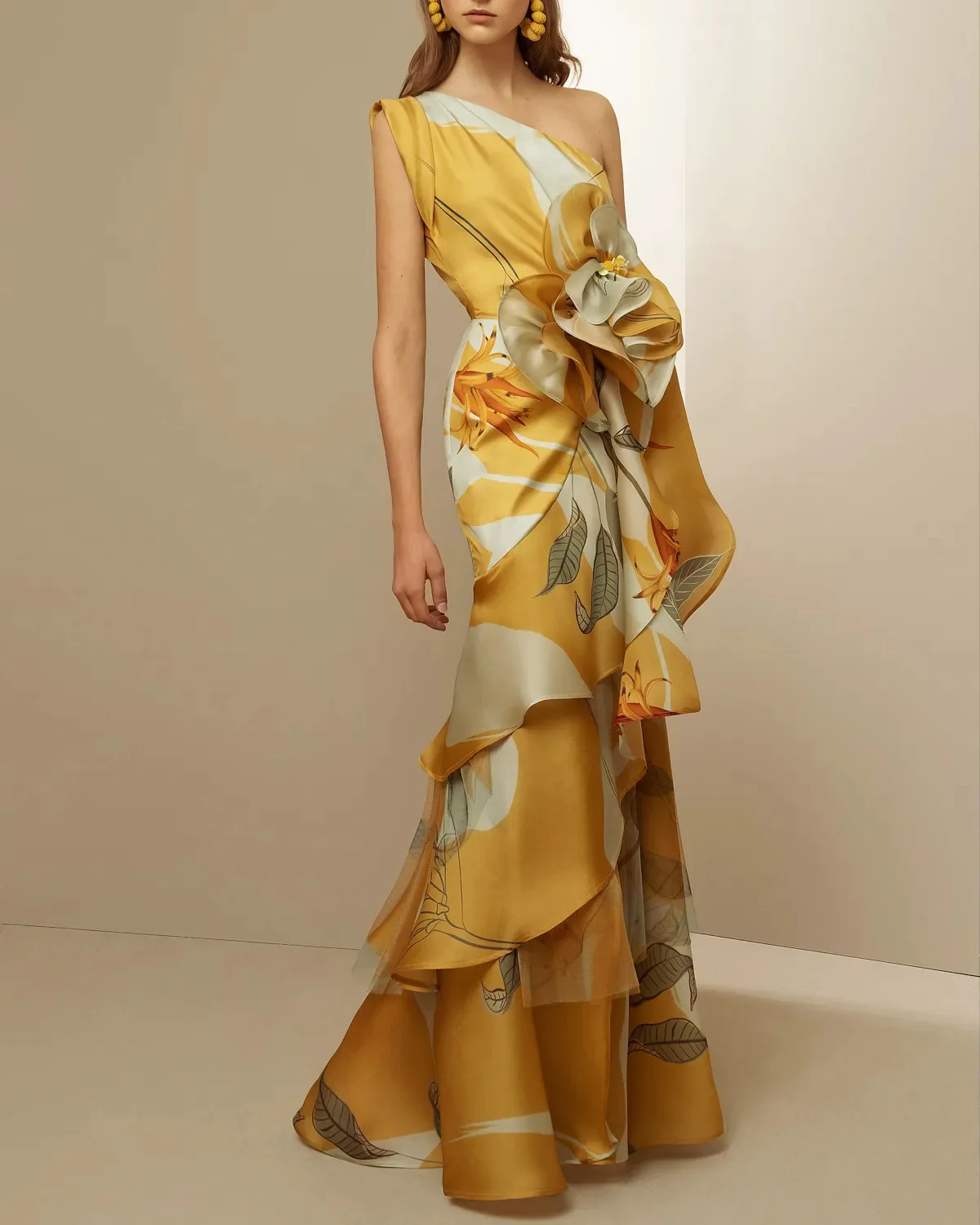 Summer New French Retro High Millet Temperament Waist-Controlled Casual Printing Sloping Shoulder Dress