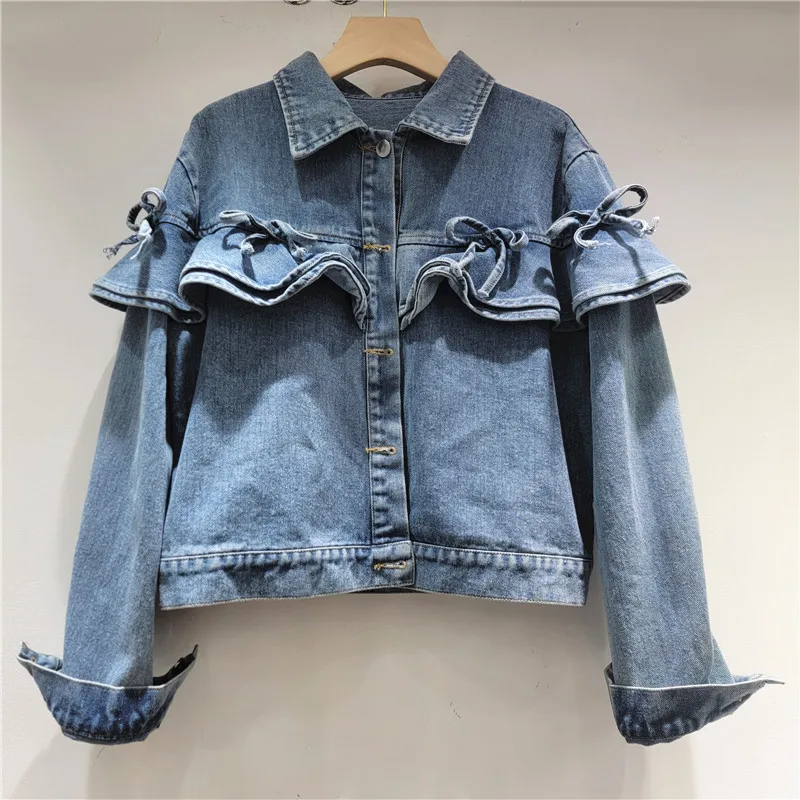 

SuperAen 2026 Spring and Autumn New Women Europe and America Style Fashionable Elegant Simple Ruffled Design Denim Short Jacket