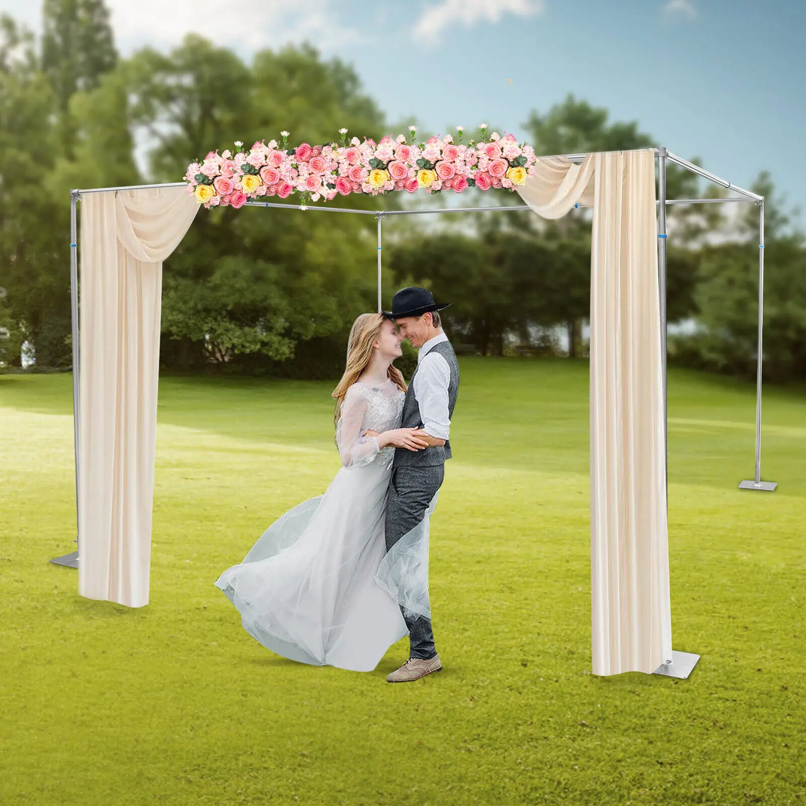 

4 Post Backdrop Stand - Sturdy Carbon Steel, Adjustable 4.92-9.84ft, 22lbs Capacity, For Weddings, Parties, Photography, Gardens