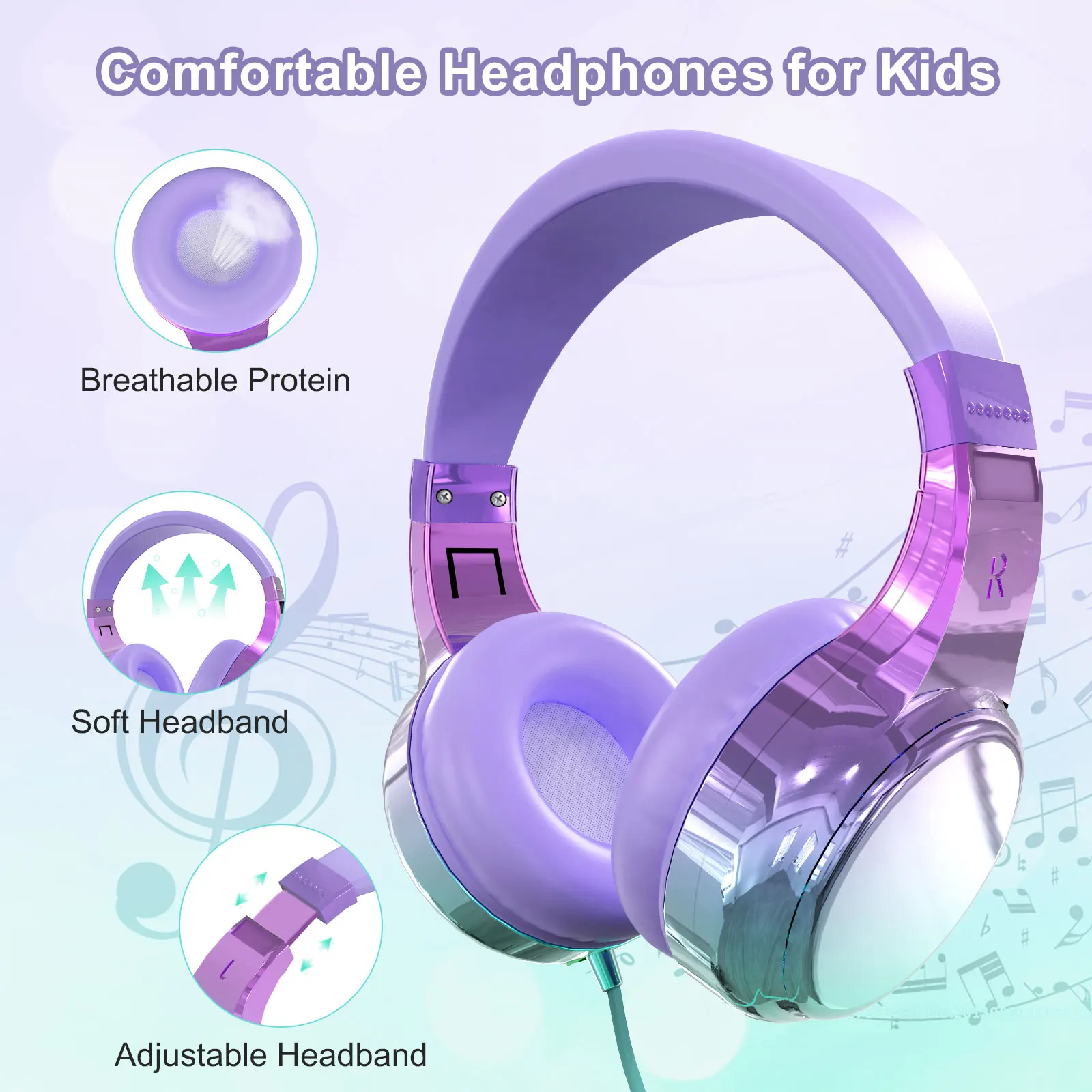 Girls Leather Wired Headphones with Mic Foldable Stereo On Ear Headsets Noise Cancelling Kids Headphones for School for PC Phone