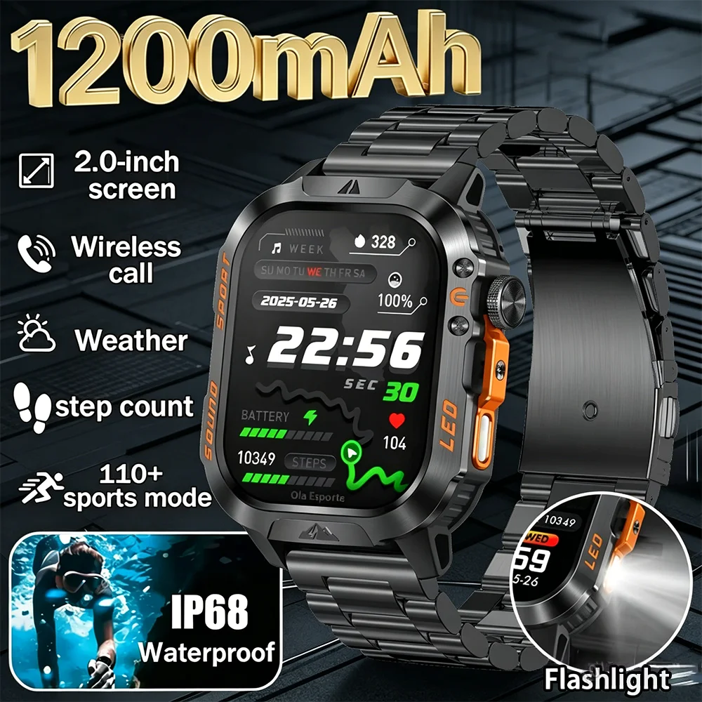 

New 1200mAh military outdoor smartwatch for men,LED flashlight,IP68 waterproof, GPS sports, 2.01-inch Bluetooth call smartwatch