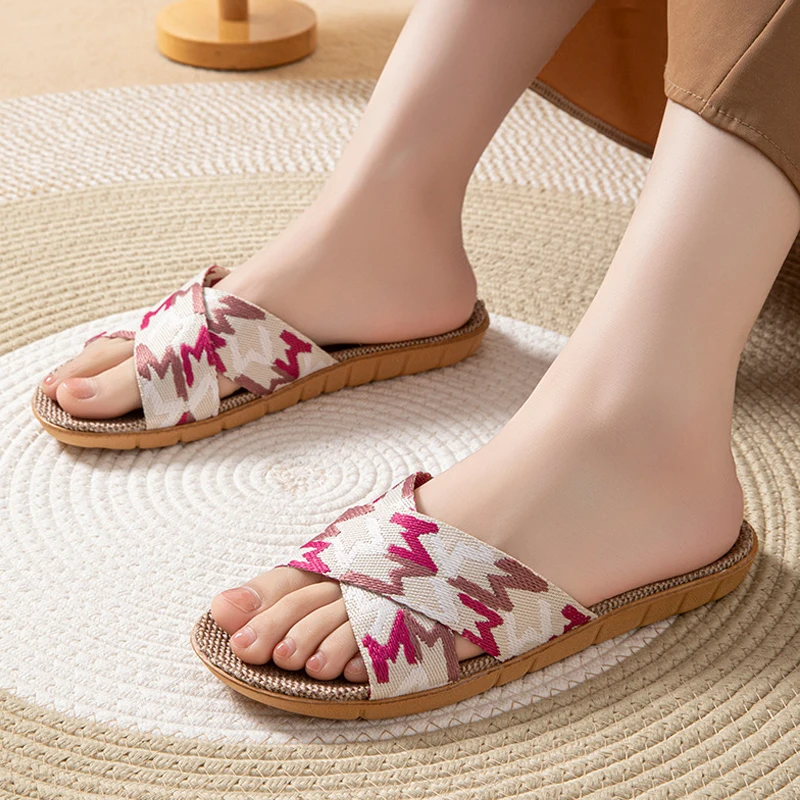 Summer Women Floor Flat Shoes Couple Linen Flip Flops Home Lightweight Beach Slippers Female Comfortable Slides Indoor House