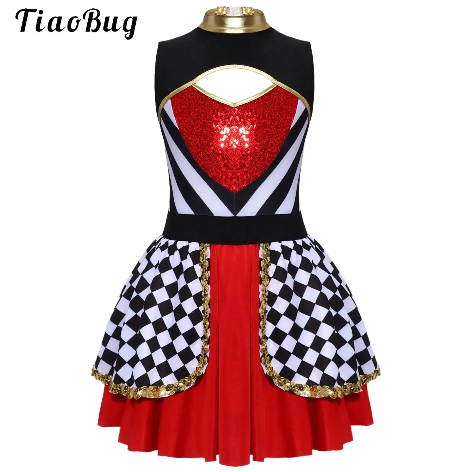 

Red Hearts Girls Halloween Cosplay Queen Dress Up Outfits Sequins Sleeveless Checkered printed Carnival Themed Parties Dress
