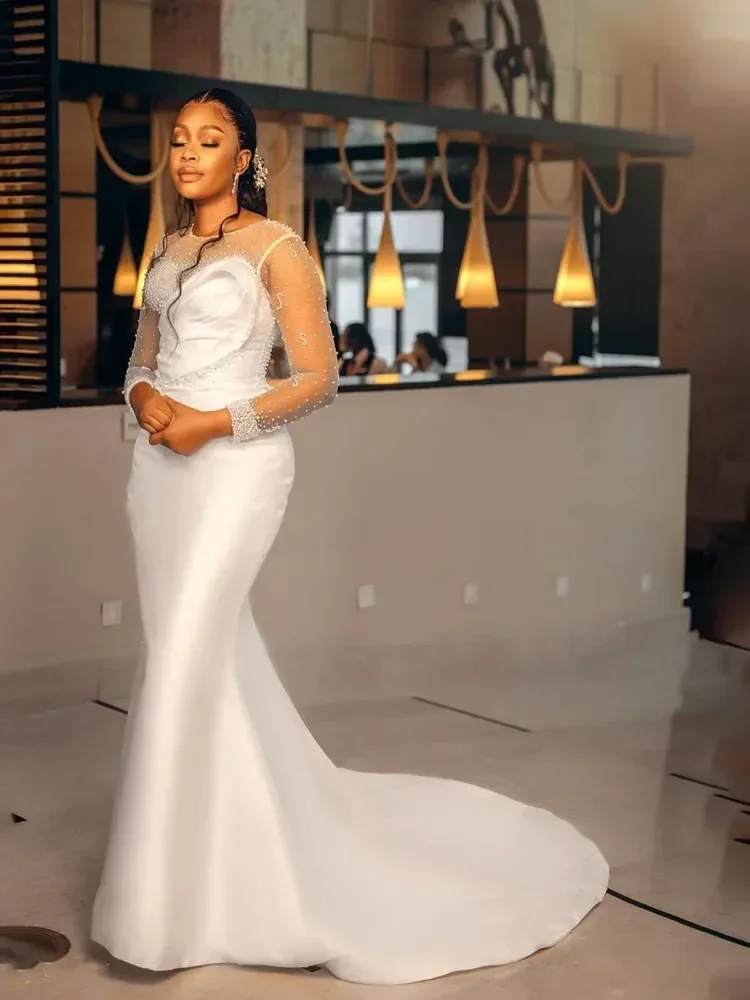 Grânulos personalizados lantejoulas sereia vestido de casamento com overskirt ilusão mangas compridas cetim aberto volta espartilho volta vestidos de noiva