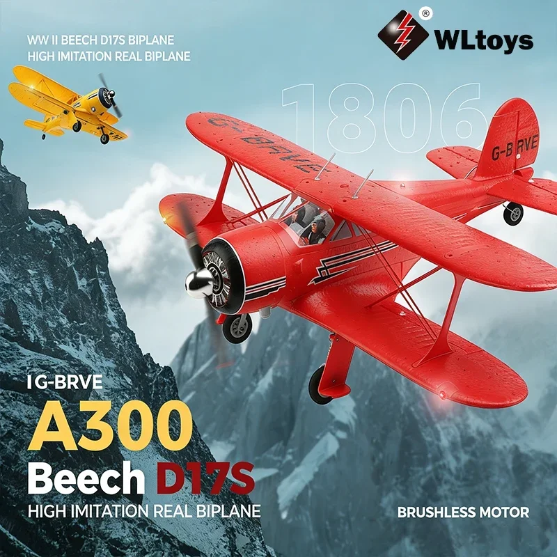 Wltoys 2.4G 4CH RC Airplane A300-Beech D17S Biplane Night LED 1806 Brushless Motor 3D/6G Fixed Wing RTF RC Plane for Kids Gift