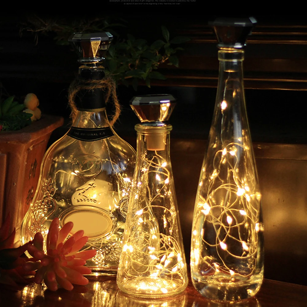 D2 6PCS 20 LED Copper Wire Fairy Garland String Lights Solar Diamond Shaped Wine Bottle Light IP65 Waterproof Cork Light Garden