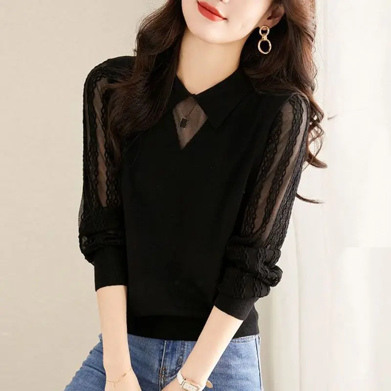

Doll Neck Fashionable Long-sleeved Lace Base Shirt New Mesh Sweater Thin Hollow Top E11219