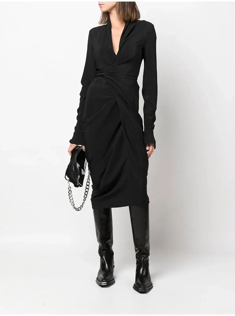 High Street Women's Lace Up Temperament Deep V-neck Long Sleeved Slim Fit Hip Hugging Jumpsuit Long Dress Windbreaker Coat