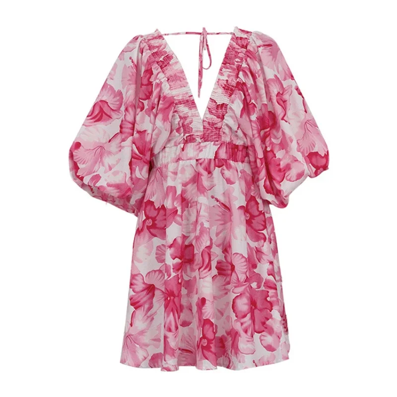 Mini Robe à Manches Bouffantes pour Femme, Col en V Profond, Dos aux, Vintage, Rose, Imprimé Floral, Boho, Plage, ix, Été, Éducatif