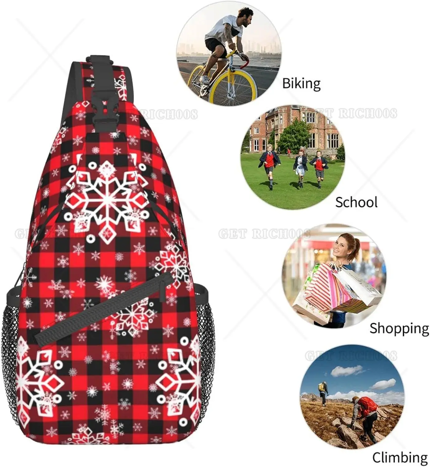 Borse a tracolla con fiocchi di neve in tartan rosso Borsa a tracolla natalizia da viaggio Escursionismo Zaino natalizio Zaino a spalla casual Donna Uomo