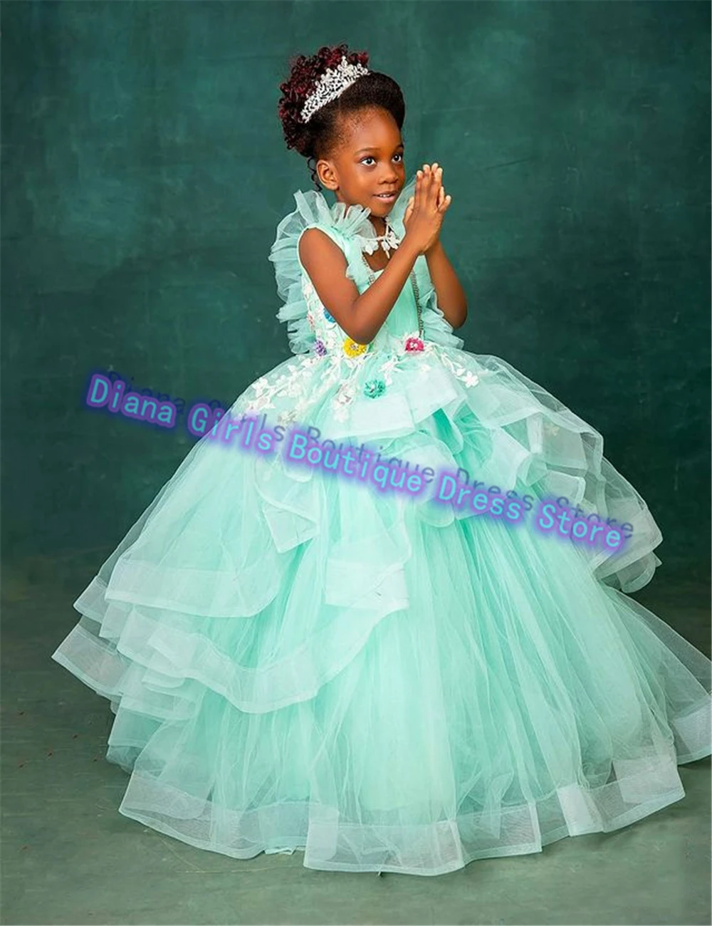 Elegant Flower Girl Dress Quality Layered Tulle Fluffy Flowers Applique Little Princess Kids Birthday Party Ball Evening Gowns