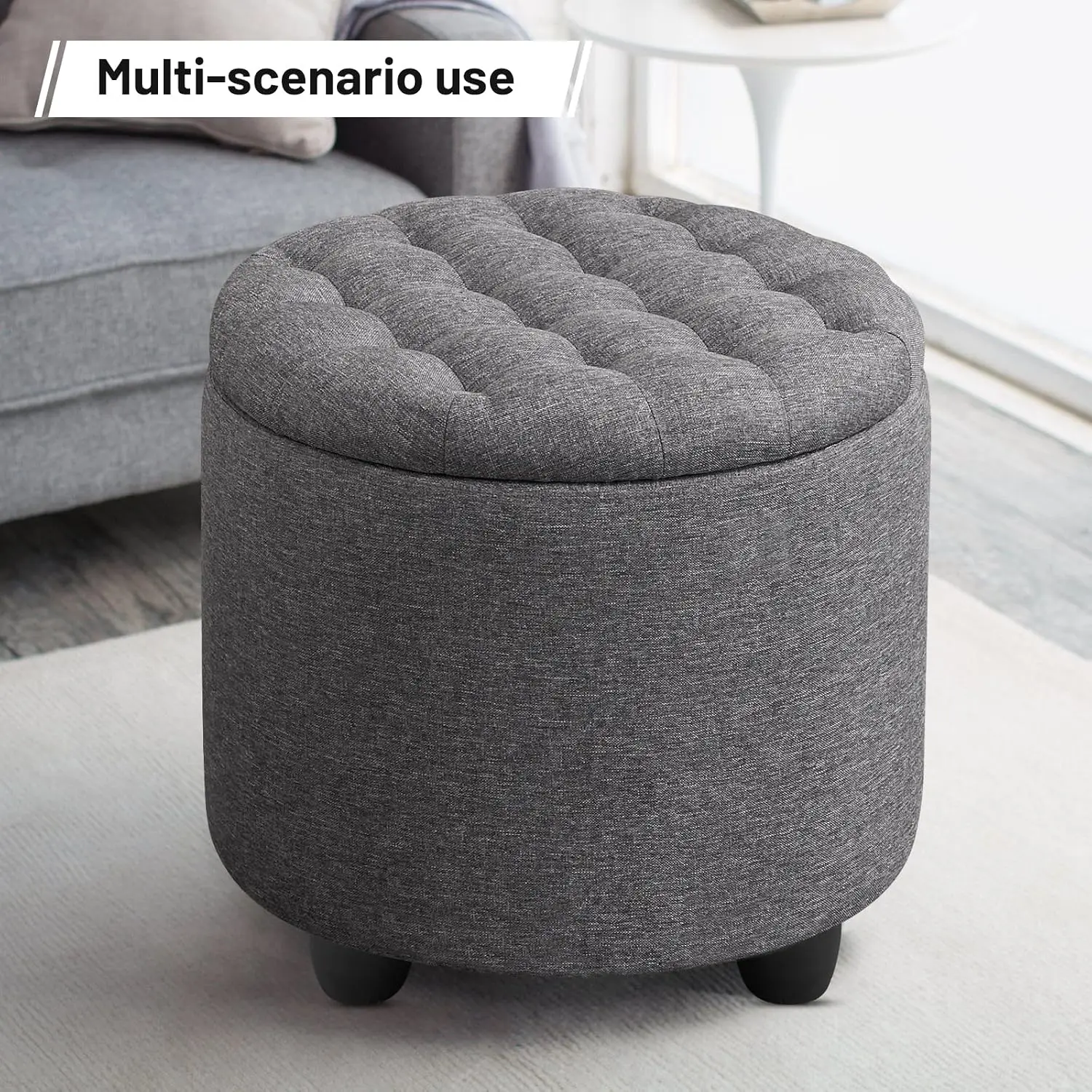 Round Storage Ottoman with Cover Lid, Tufted Round Ottoman with Storage Linen Fabric Ottomans for Living Room, Customized