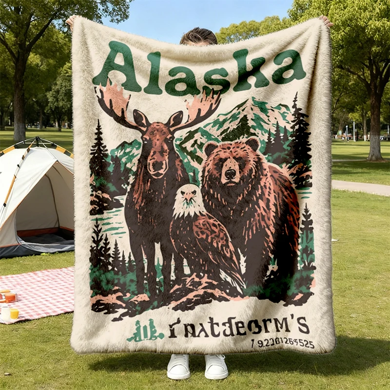 Vintage Alaska Wildlife Flannel Blanket, Retro Moose and Bear Throw, Mountain Hiker Souvenir Gift