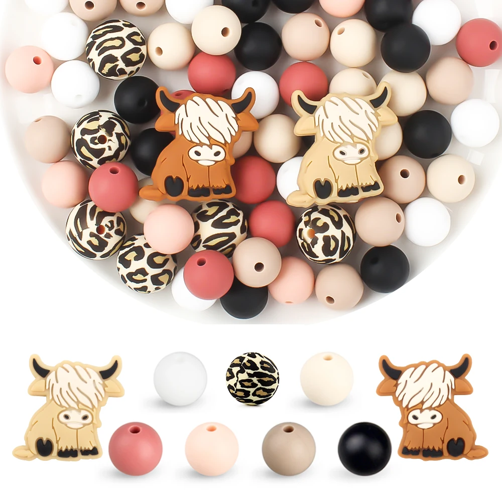 44Pcs/Set Cute Highland Cow Silicone Beads Set Loose Beads for DIY Pen Beaded Chain Accessories Handmade Keychain Making Jewelry