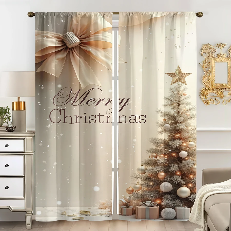 2PCS Christmas Curtains, Champagne Gold Tree, Digital Print, Bedroom Living Room Kitchen, Rod Pocket Polyester, Home Decor