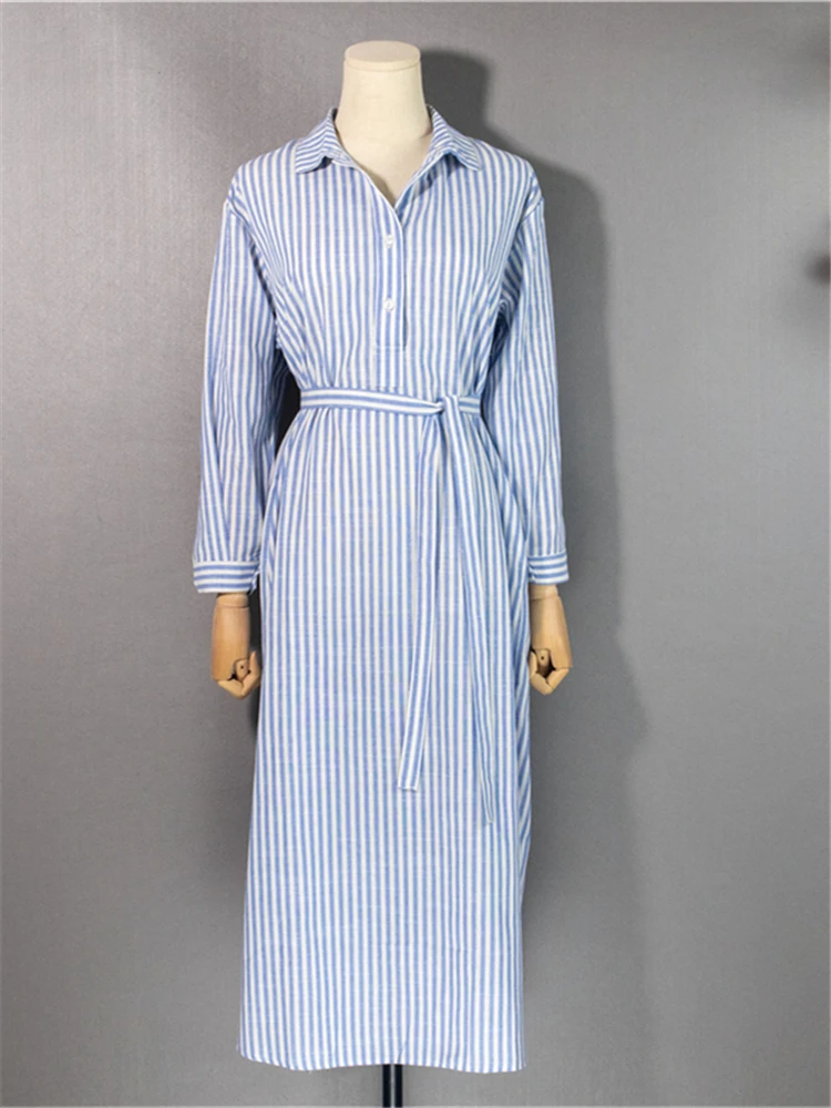 Colorfaith DR2268 New 2023 Striped Lace Up Cotton and Linen Shirt Dress Spring Summer Women Korean Fashion Chic Long Dresses