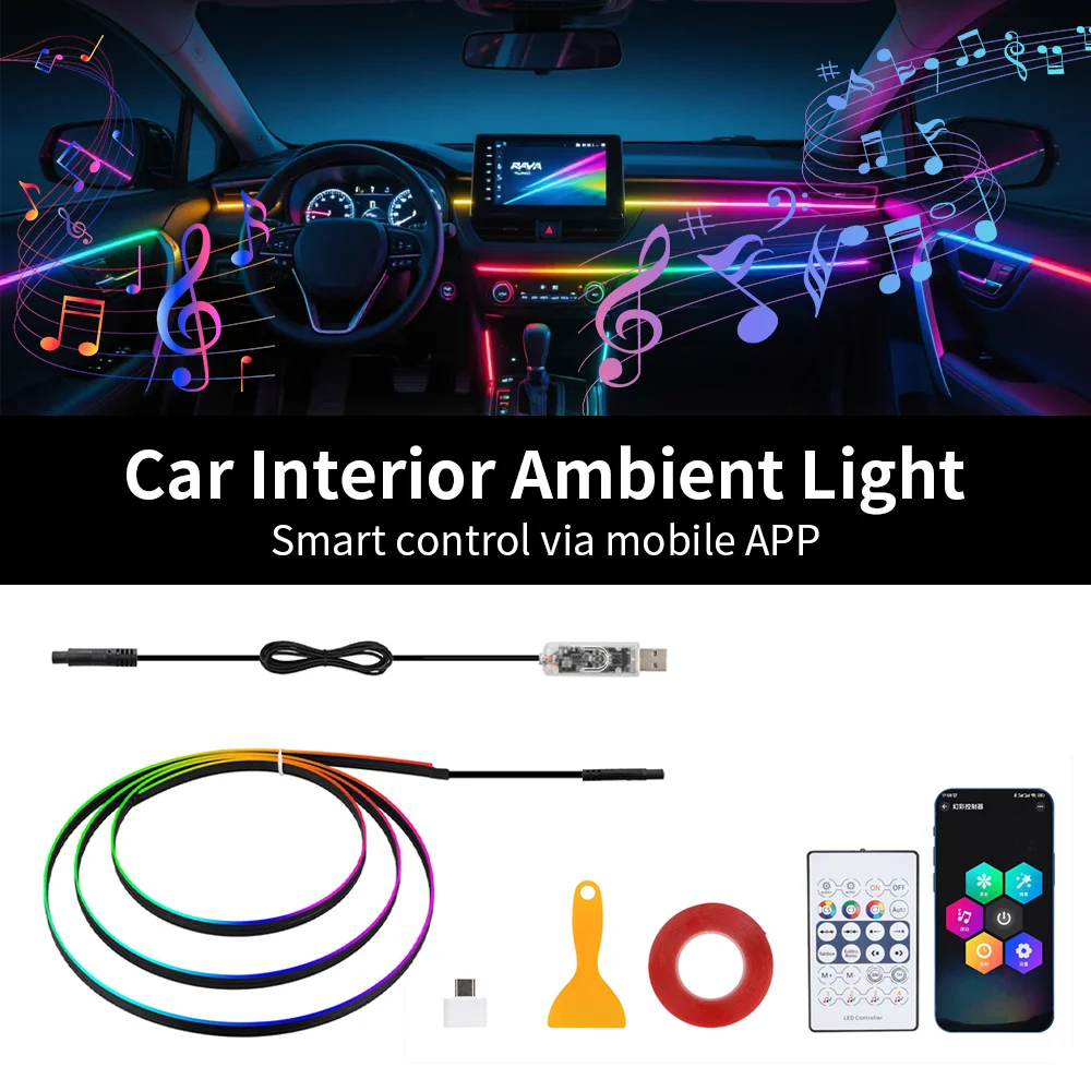 USB5V WS2812 Color Car Interior RGB Ambient Light Set 110140cm Acrylic LED Light Instrument Panel Ambient Light Decorative Light