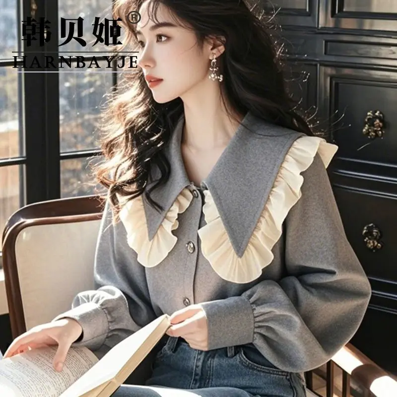 

Elegant Unique Grey Ruffle Collar Shirt