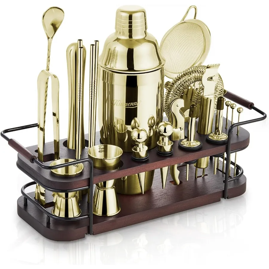 

Cocktail Shaker Set Bartender Kit with Stand | Complete 24-Piece Bar Set Cocktail Kit with All Bar Accessories, Gold