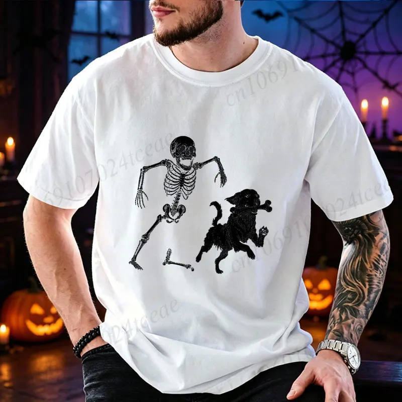 Lustiges Halloween-T-Shirt für Herren, Skelett-Laufhund-Grafik, T-Shirts mit kurzen Ärmeln, lässige Oberteile, gruseliger Humor, Streetwear, Herrenbekleidung – Detail 1