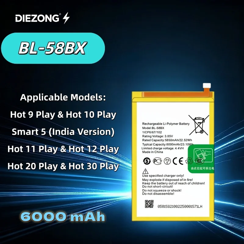 6000mAh New BL-58BX Suitable for Transsion Hot 9 Play/Hot 10 Play/Hot 11 Play Mobile Phone Battery Fast Charging in Stock