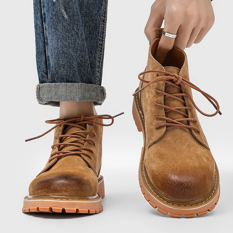 

Мужские модные ботинки в британском стиле, рабочие ботинки средней длины, винтажные кожаные рабочие ботинки в стиле ретро, простые желтые ботинки