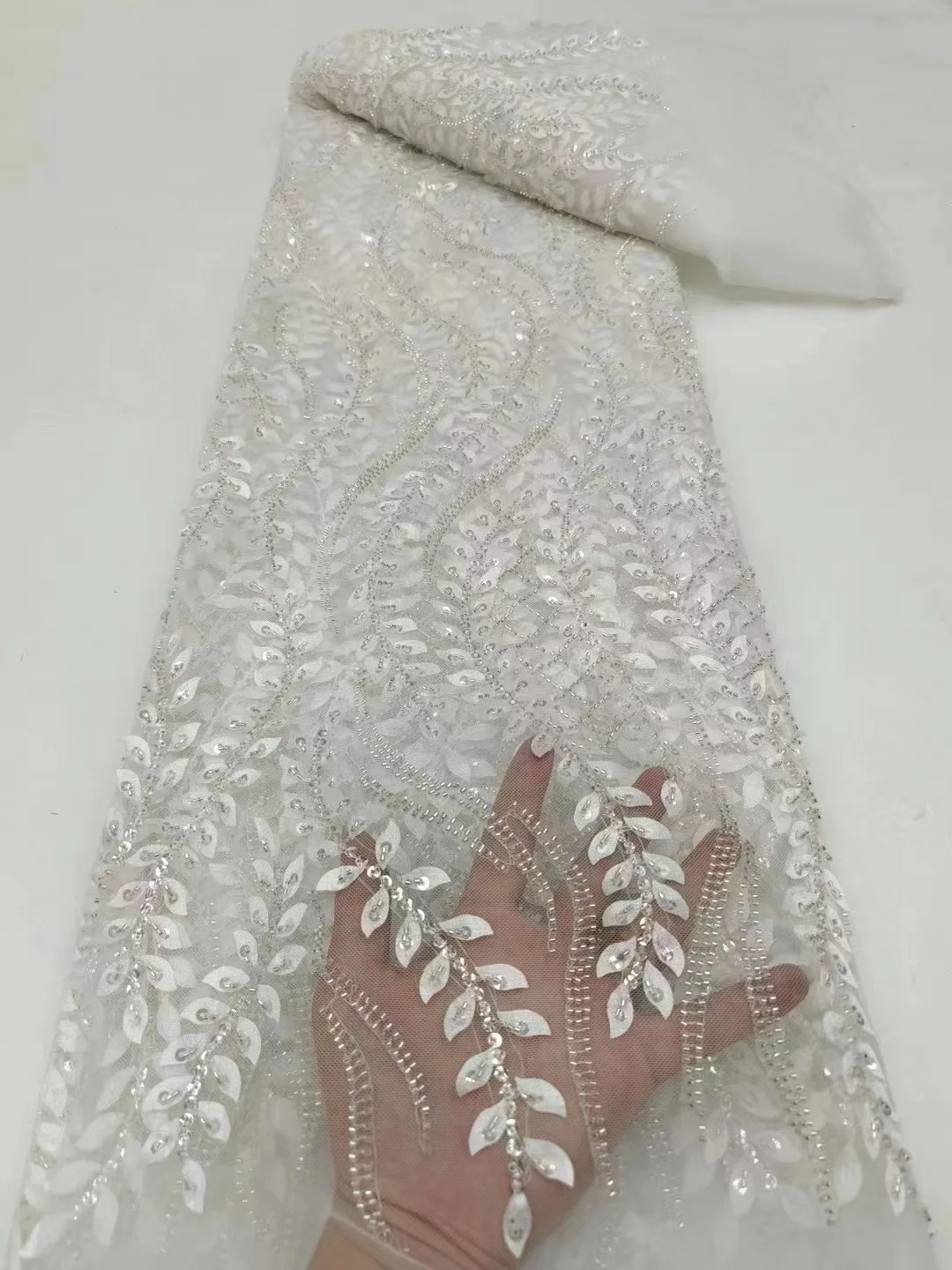 Handmade Beaded French Lace Fabric Lace Pearl Sequin Embroidery on Tulle Fabric for Women Gown Sew Wedding Dress Lace QF0684