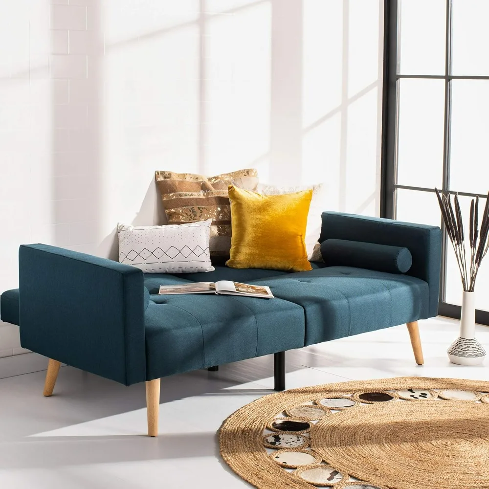 Couch Modern Navy and Natural Foldable Futon Sofa